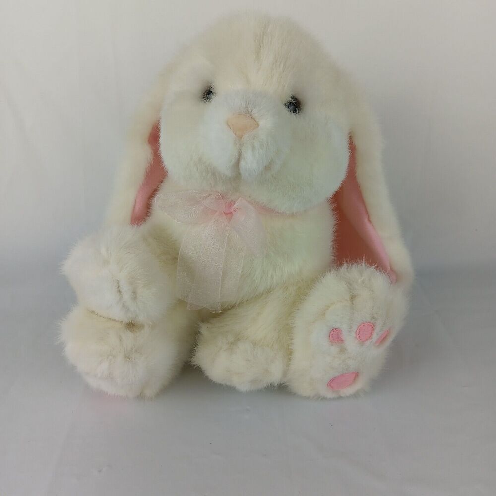Vintage Russ Berrie Powderpuff Bunny Rabbit Plush Stuffed Animal White Pink